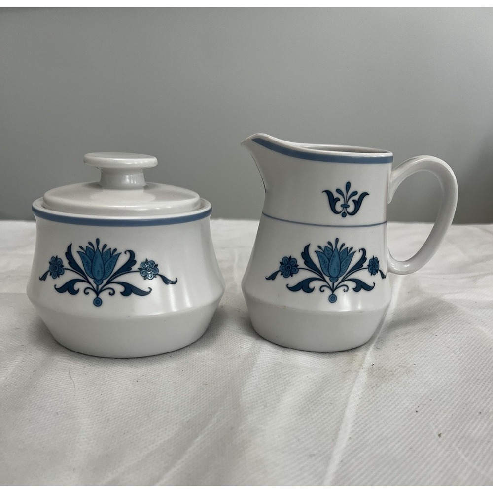 Vtg Noritake Blue Haven Creamer Sugar Bowl Lid MCM Blue Floral Granny Chic Retro